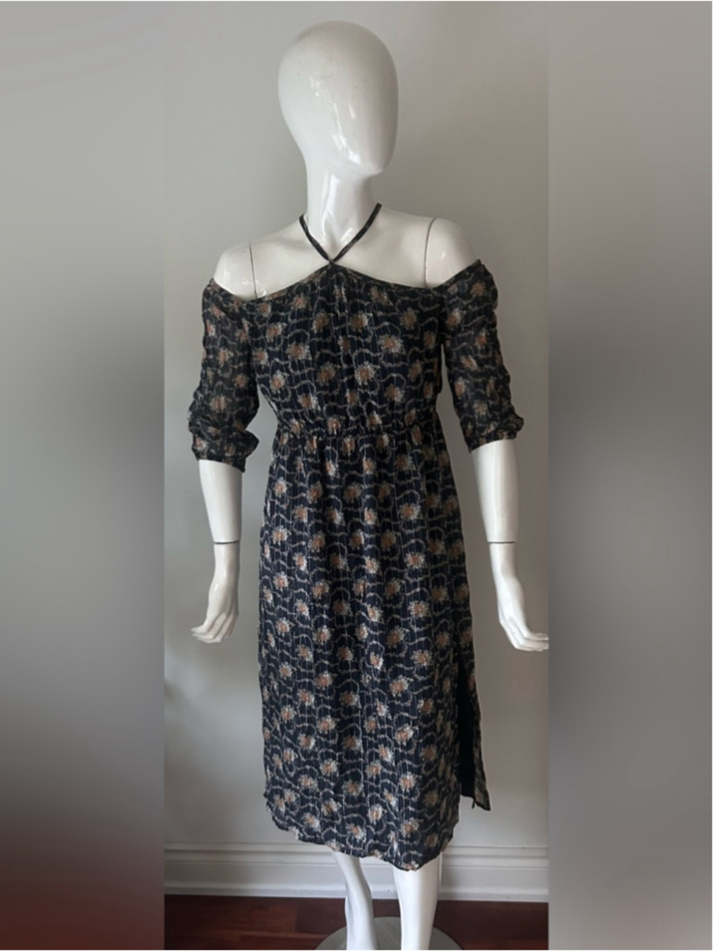 Club Monaco silk Floral Off-Shoulder Midi Dress with Halter Strap - Picture 3 of 10